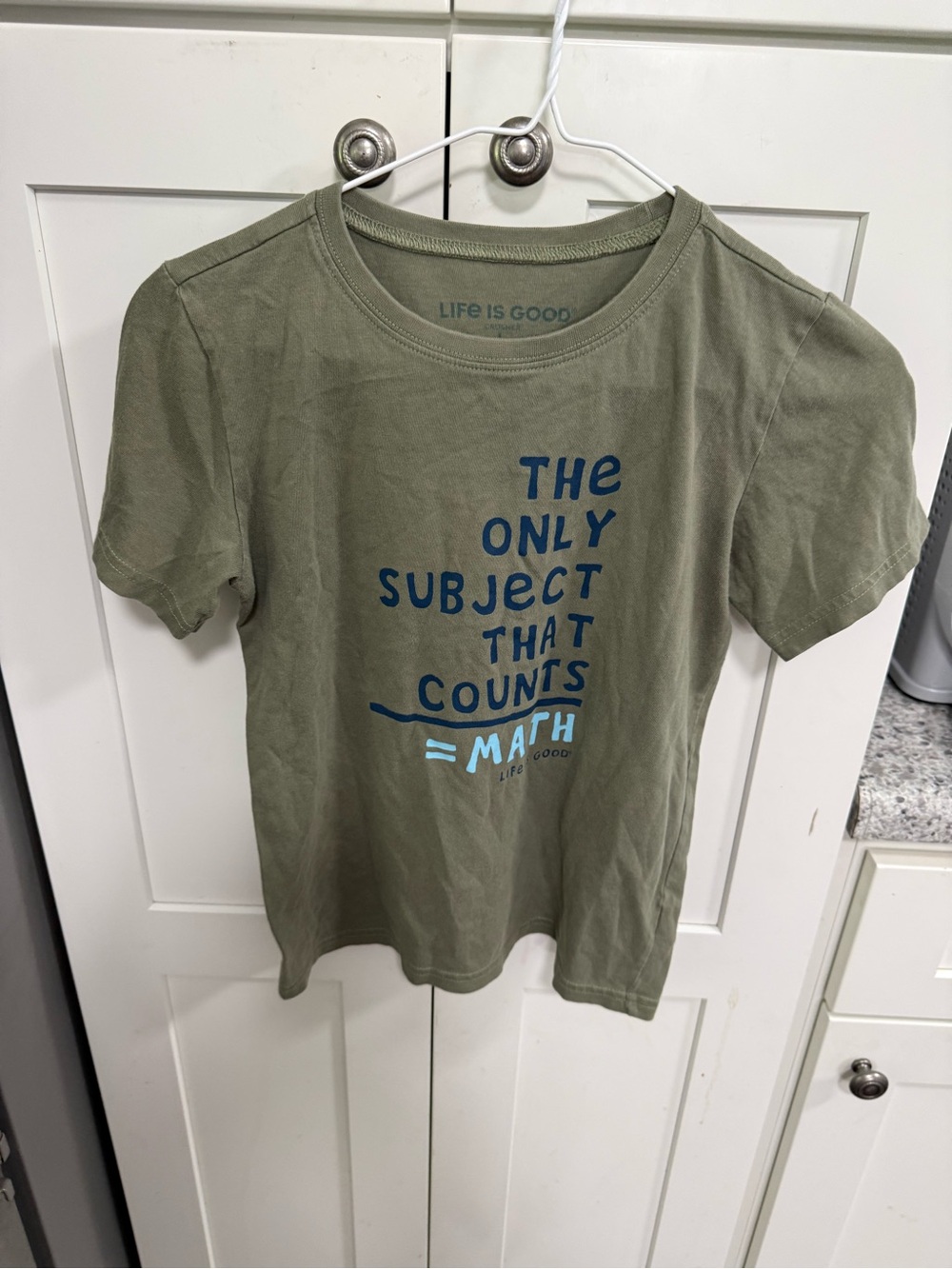 Life Is Good Olive Green Kids' Tee with Blue Math Graphic